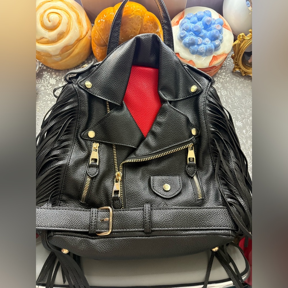 Black Leather Fringe Backpack